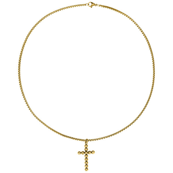 Collar dorado con colgante de cruz sobre fondo blanco