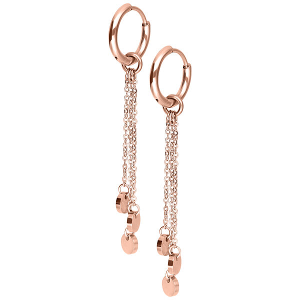 Coppia di orecchini in oro rosa con dettagli a catena su sfondo bianco
