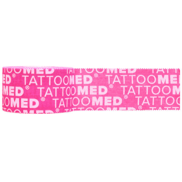 Tattoomed Pro Tape rosa, lungo 5m, con scritta bianca su sfondo bianco
