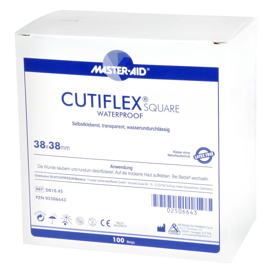 Confezione bianca con cerotto Master Aid Cutiflex Square, 38x38mm, trasparente, impermeabile