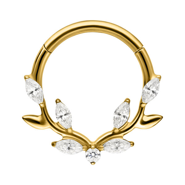 Clicker de septum dorado con hojas de cristal sobre fondo blanco