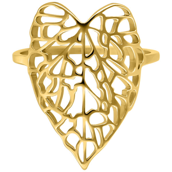 Goldener Ring mit filigranem Blattdesign auf weißem Hintergrund