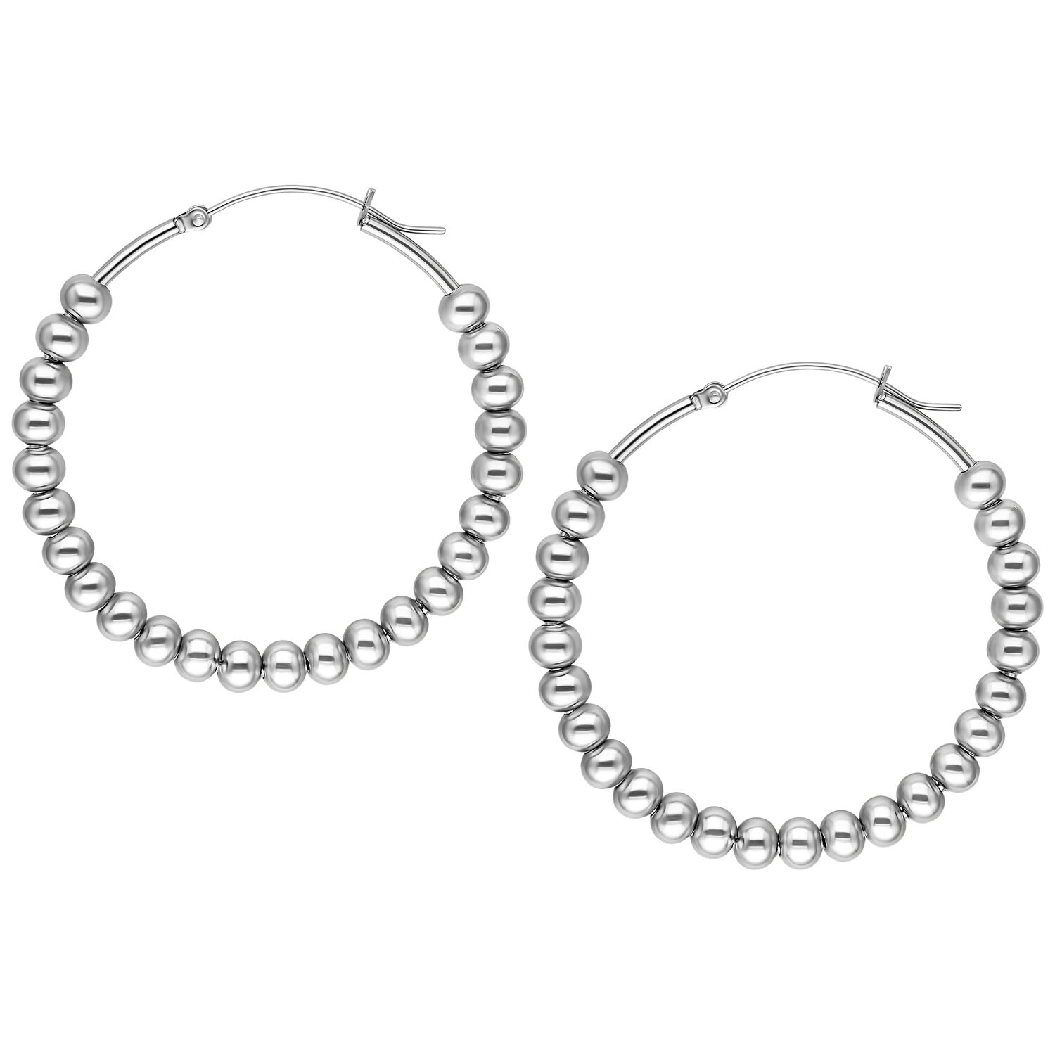 Silberne Bubble Hoops Ohrringe aus Chirurgenstahl Zwei silberne Bubble Hoops Ohrringe aus Chirurgenstahl auf weißem Hintergrund