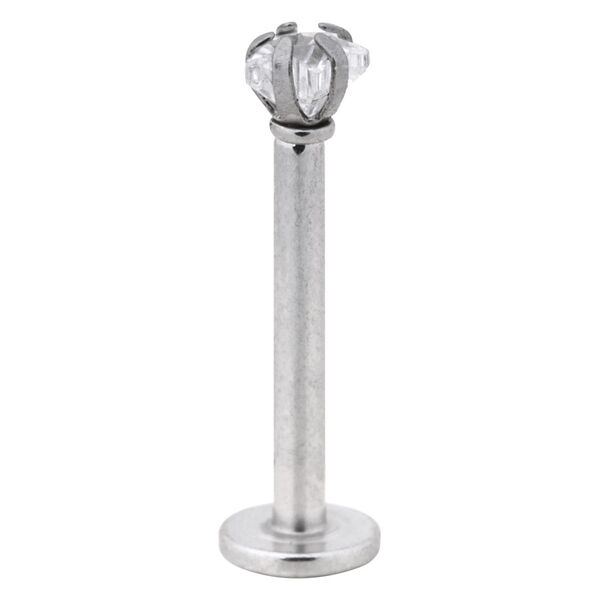 Labret plateado con punta cristalina sobre fondo blanco