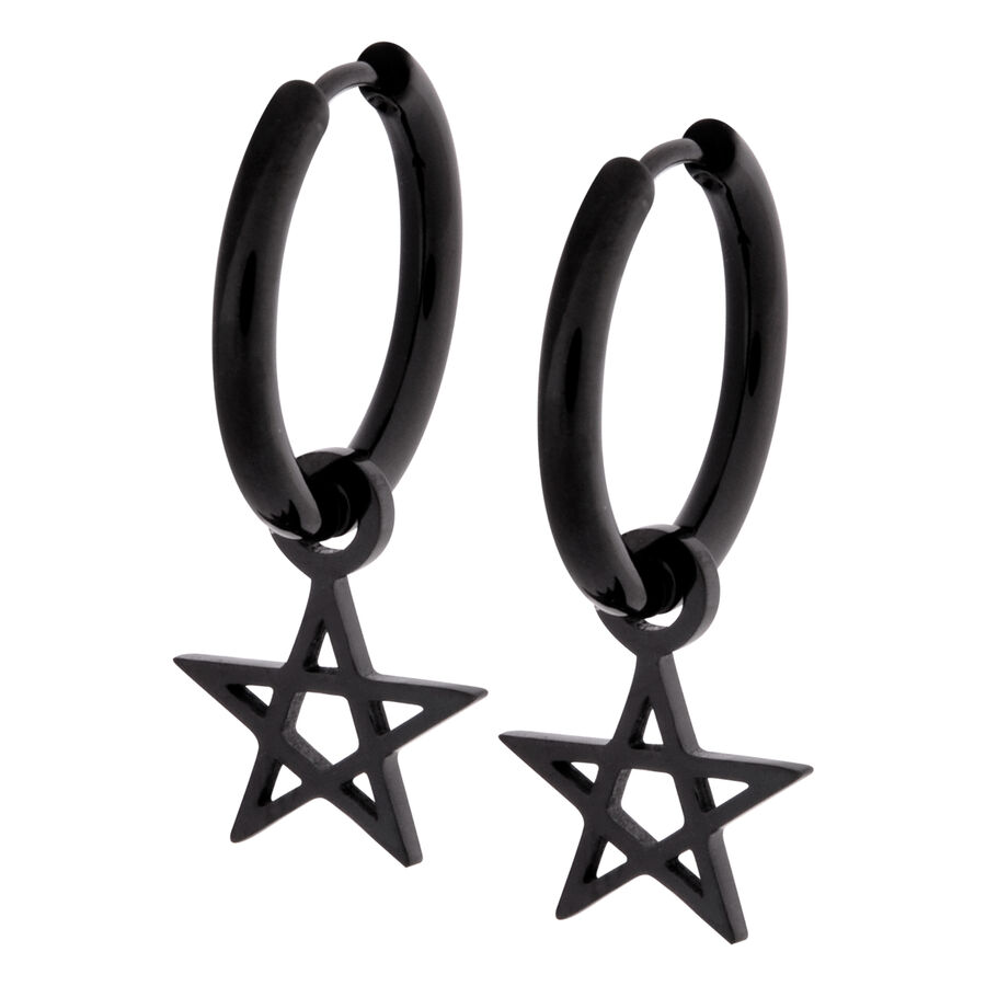 Dos pendientes negros de acero inoxidable con colgante de pentagrama sobre fondo blanco