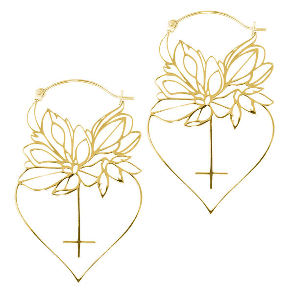 Pendientes Dahlia Hoops dorados con motivo floral sobre fondo blanco