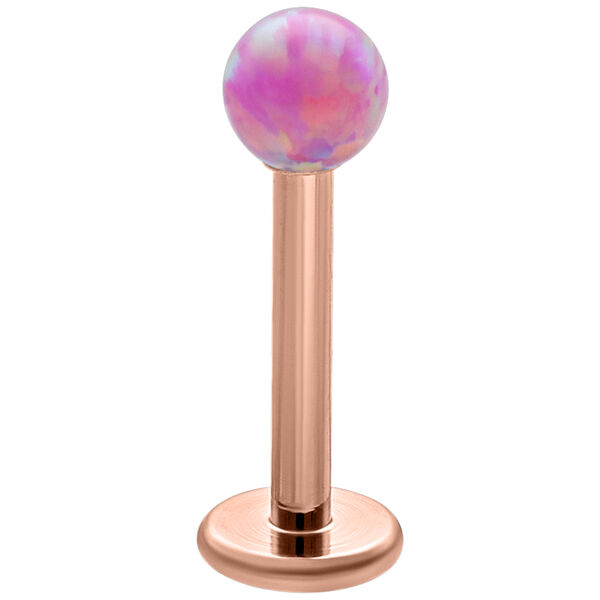 Ruusukultainen labret, jossa 5 mm Bubble Gum Opal -pallo valkoisella taustalla