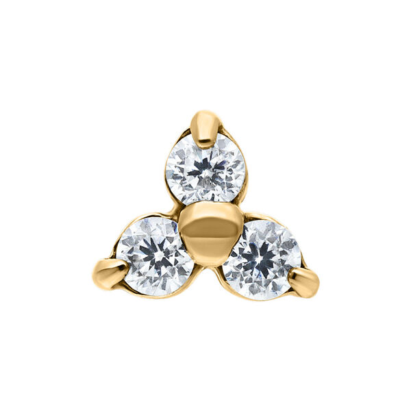 Accesorio Dermal dorado con tres cristales claros sobre fondo blanco