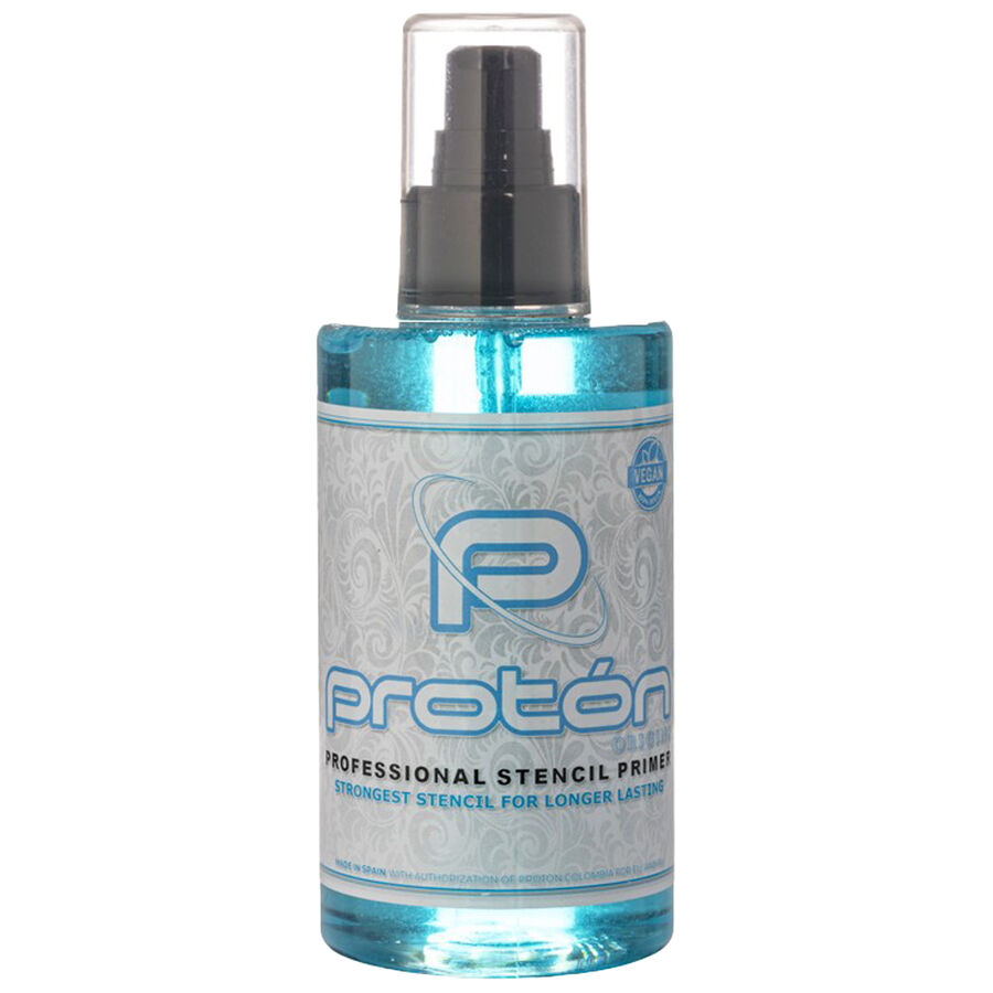 Botella transparente de 200ml de Proton Stencil Primer con etiqueta azul sobre fondo blanco