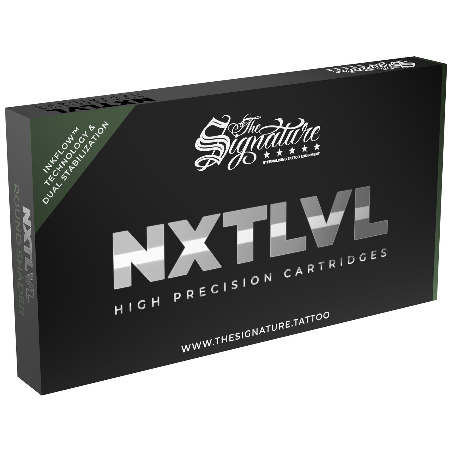 Wildcat Signature Tattoonadeln Box 10 Stk Schwarze Box mit silberner Aufschrift 'NXT LVL' und 'The Signature' auf weißem Hintergrund
