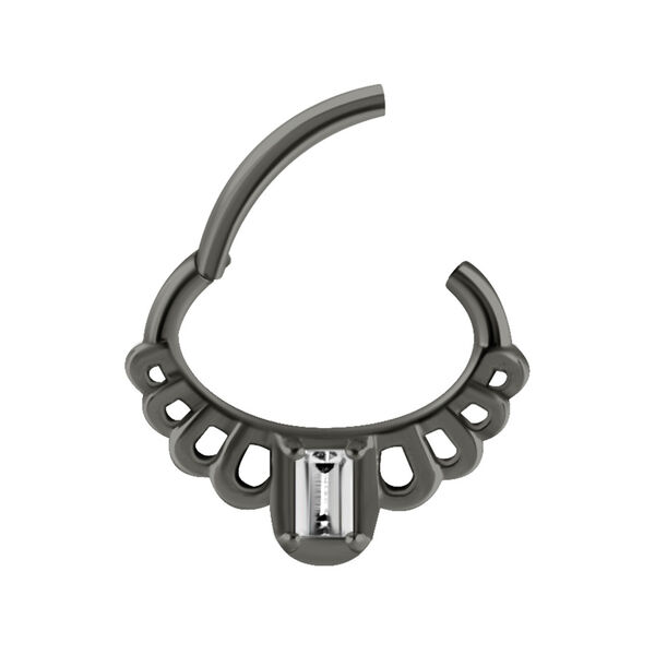 Schwarzer Metall Septum Clicker mit klarem Kristall auf weißem Hintergrund