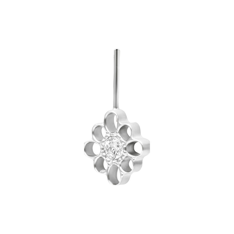 Fiore in oro bianco con pietra cristallina, design verticale, su sfondo bianco