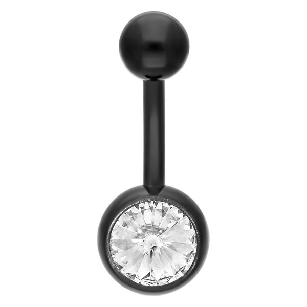 Musta titaaninen napakoru kirkkaalla kristallilla, 12mm pituus valkoisella taustalla