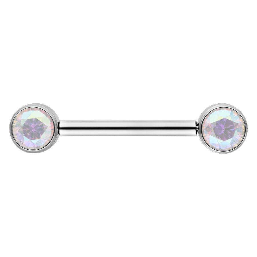 Silbernes Muse Barbell mit Aurora Boreale Kristallen auf weißem Hintergrund