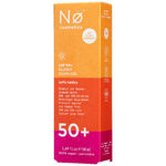 Orangene und pinke Verpackung von No Cosmetics Glowy Sunfluid LSF50 auf weißem Hintergrund