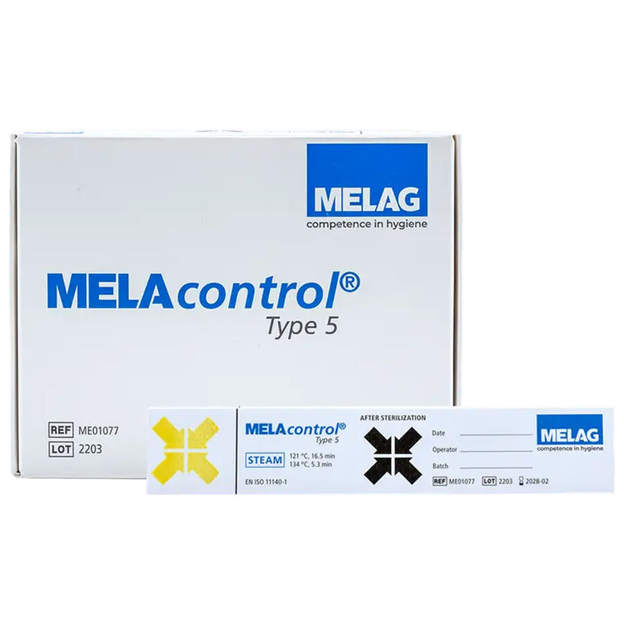 MELAcontrol Tipo 5 Indicador paquete y tiras de prueba sobre fondo blanco