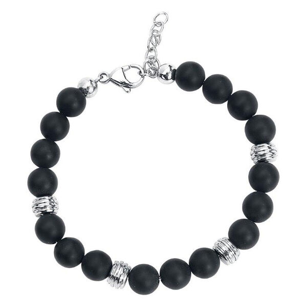 Pulsera negra de acero quirúrgico con acentos plateados sobre fondo blanco
