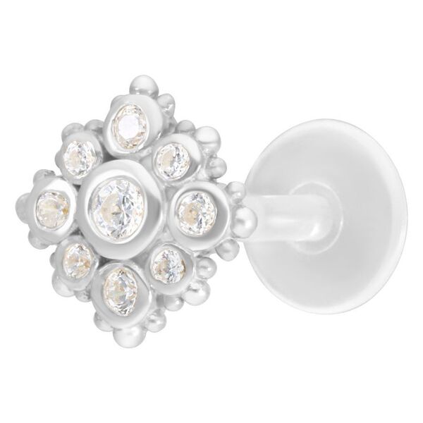 Silbernes Push-Fit Labret mit kristallklaren Steinen auf weißem Hintergrund