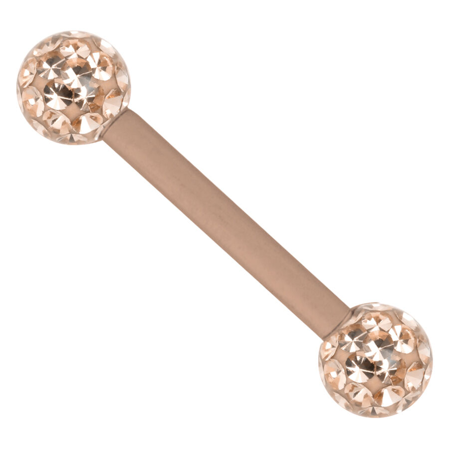 Barbell placcato oro rosa con sfere di cristallo scintillanti su sfondo bianco