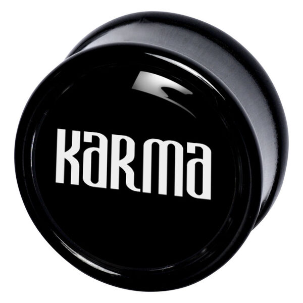Schwarzer Plug mit weißem 'Karma'-Schriftzug, glatte PMMA-Oberfläche