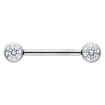 Silberfarbene Muse Barbell mit kristallklaren Steinen, 14mm Länge auf weißem Hintergrund