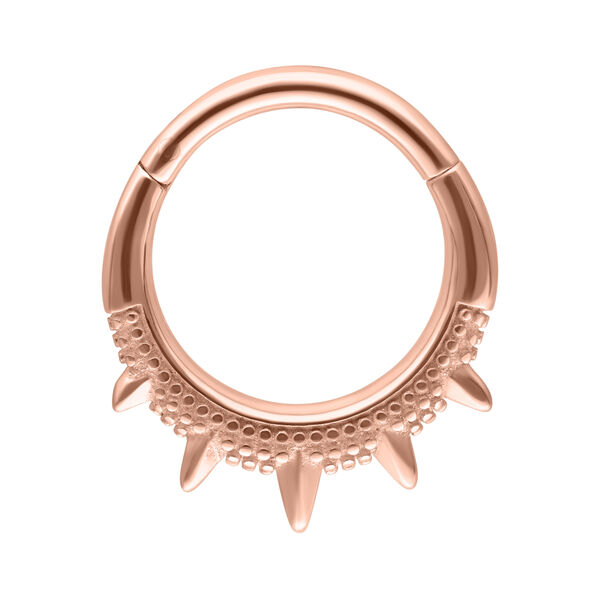 Clicker de septum en oro rosa con detalles puntiagudos sobre fondo blanco