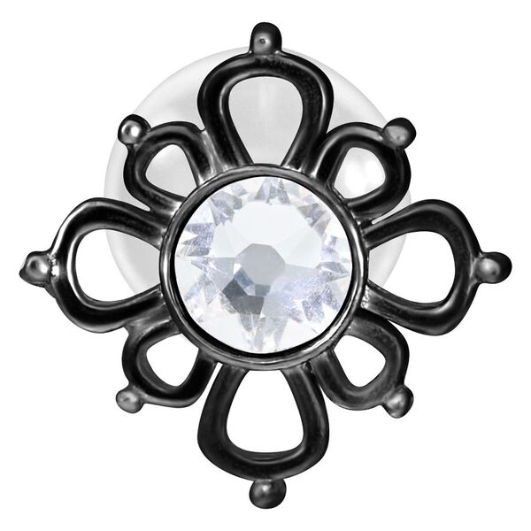 Labret negro con diseño oriental y cristal claro sobre fondo blanco