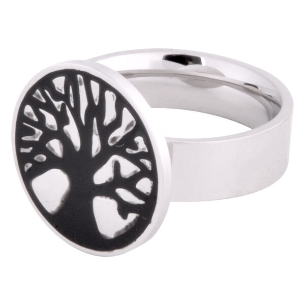 Silberner Ring mit schwarzem Lebensbaum-Design auf weißem Hintergrund