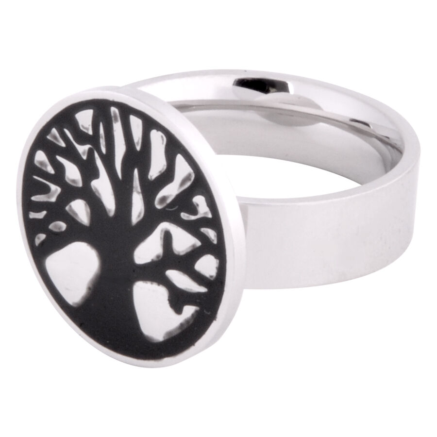 Anello argentato con design di albero della vita nero su sfondo bianco