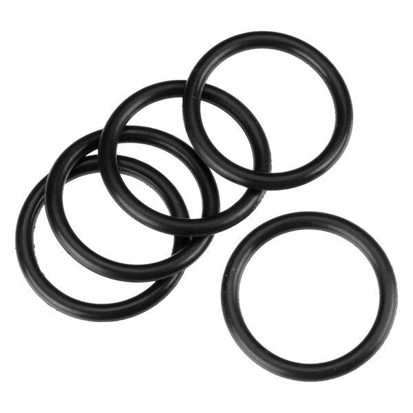 Seis O-Rings negros de goma sobre fondo blanco