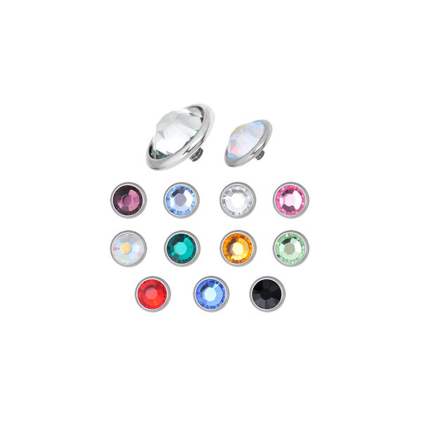 Accesorios de titanio plateados con cristales de colores sobre fondo blanco