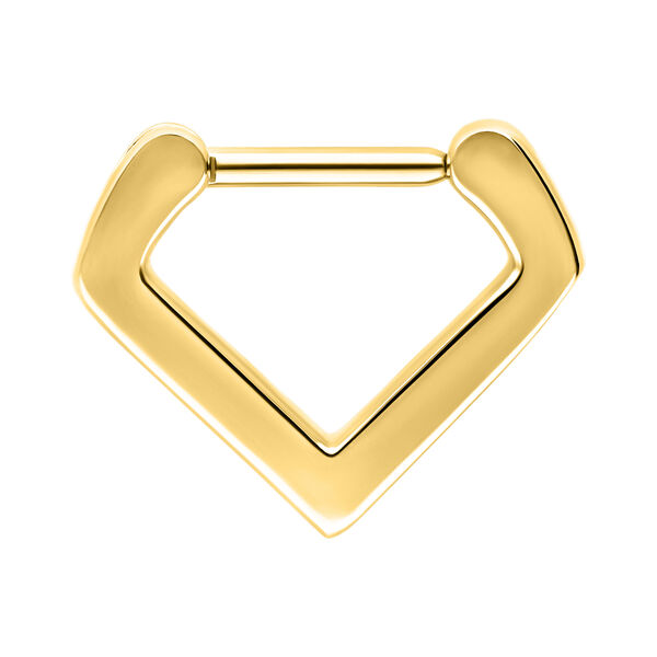 Clicker de Septum dorado triangular de acero quirúrgico sobre fondo blanco
