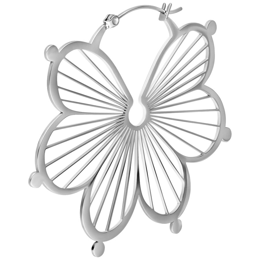 Hopeiset Flower Hoops -korvakorut klipsikiinnityksellä valkoisella taustalla