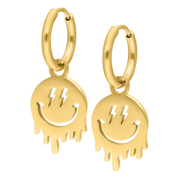 Dos pendientes dorados con colgante de Smiley sobre fondo blanco