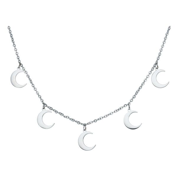 Collana d'argento con cinque piccoli ciondoli a forma di luna su sfondo bianco