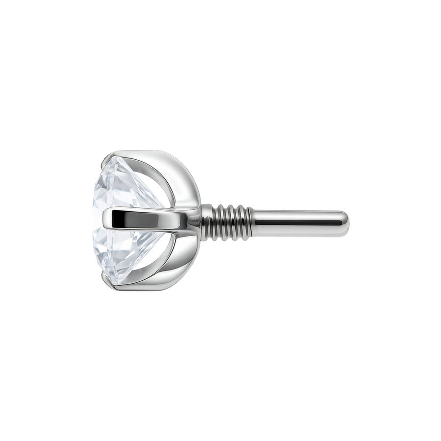 Accessorio piercing color argento con cristallo chiaro, vista laterale su sfondo bianco