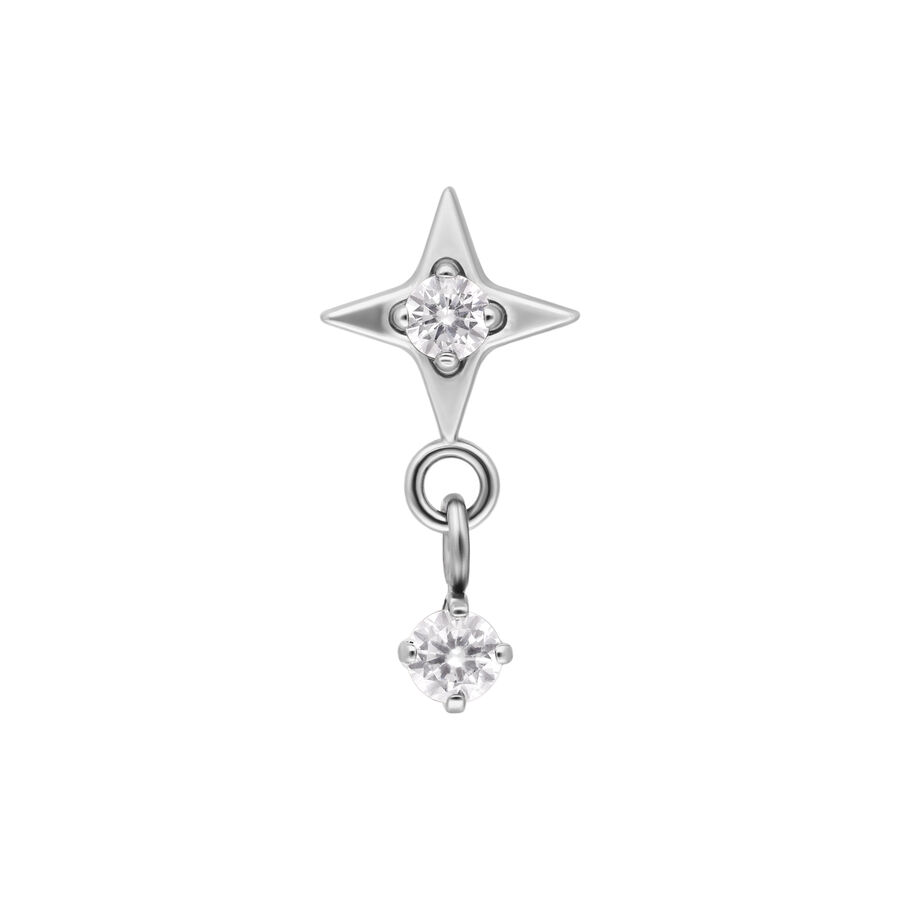 Adorno de estrella plateada con un cristal claro en el centro y un cristal colgante