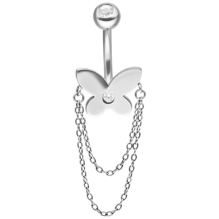 Banana Bell in argento con farfalla e catene su sfondo bianco