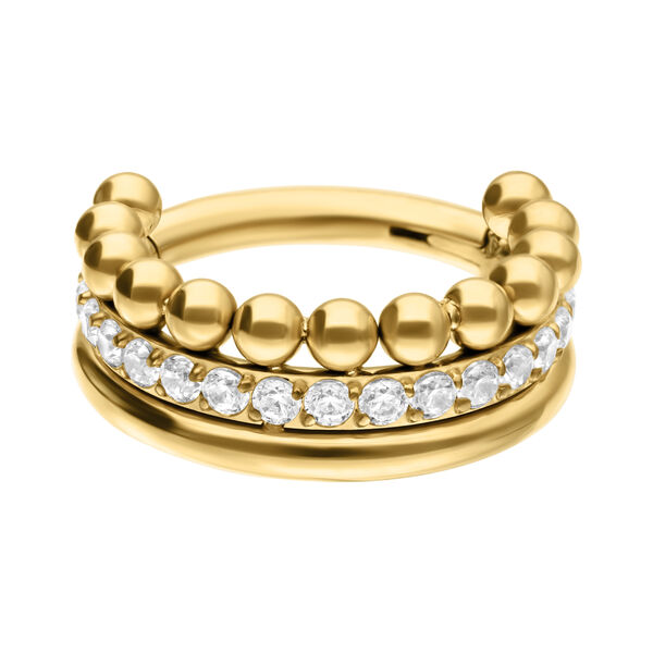 Anillo de piercing dorado con fila de cristales y bolas sobre fondo blanco