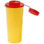 Contenitore cilindrico giallo Safe-Box con coperchio rosso rimovibile su sfondo bianco