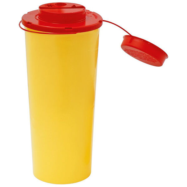Contenitore cilindrico giallo Safe-Box con coperchio rosso rimovibile su sfondo bianco