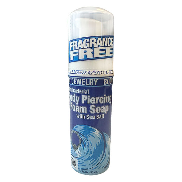 Sininen Piercing Foam Saippua pullo, 50 ml, valkoisella taustalla