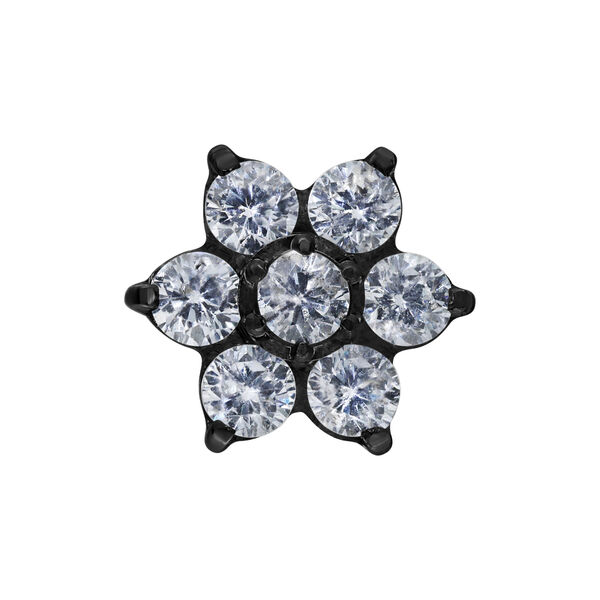 Accessorio fiore nero con cristalli chiari su sfondo bianco