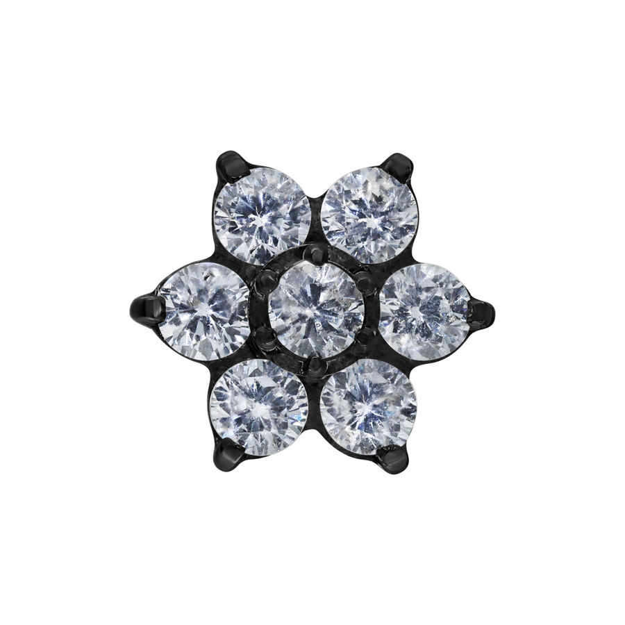 Accessorio fiore nero con cristalli chiari su sfondo bianco