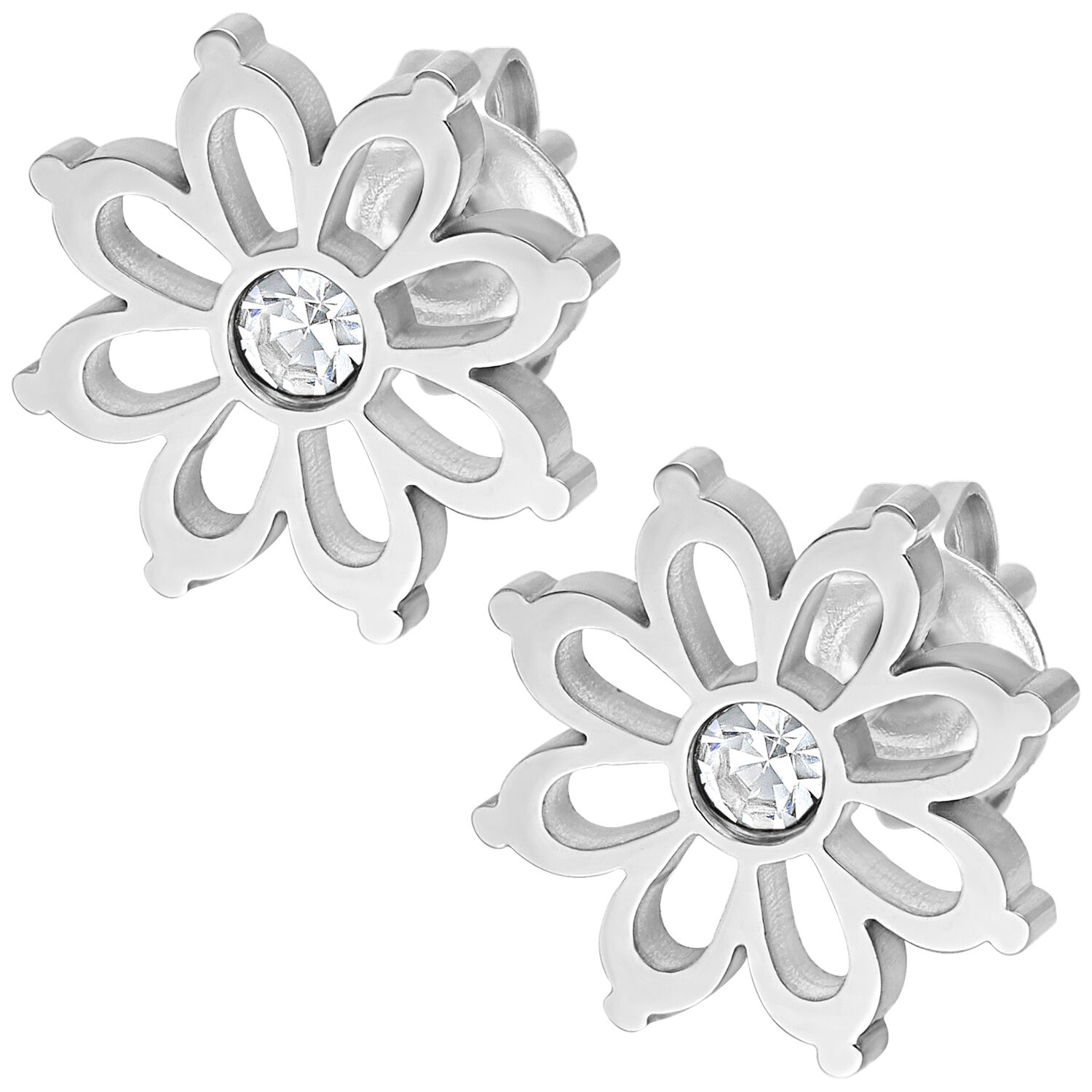 Silberfarbene Blumen Ohrstecker mit Kristall Zwei silberfarbene Blumen Ohrstecker aus Chirurgenstahl mit klarem Kristall auf weißem Hintergrund