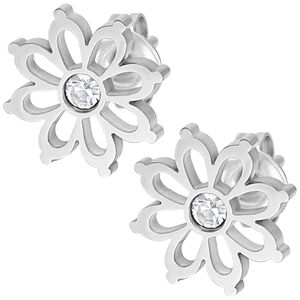 Silberfarbene Blumen Ohrstecker mit Kristall Zwei silberfarbene Blumen Ohrstecker aus Chirurgenstahl mit klarem Kristall auf weißem Hintergrund