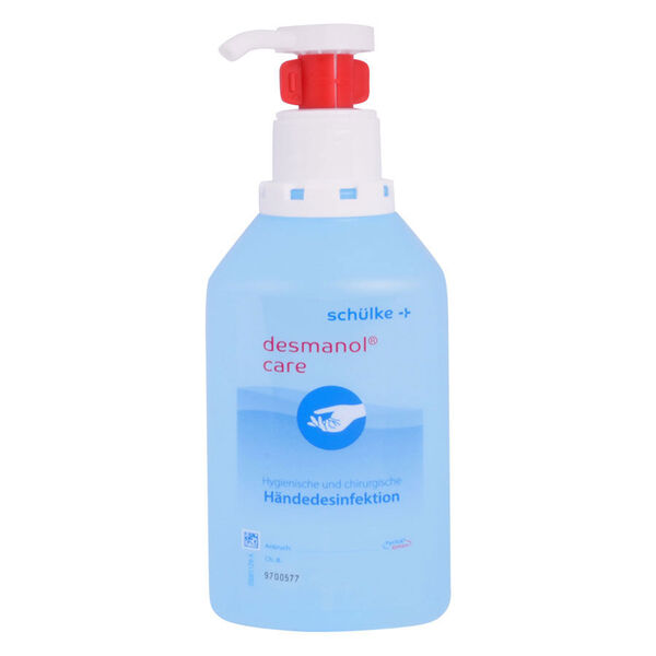 Hellblaue Desmanol Care Flasche mit rotem Pumpspender auf weißem Hintergrund