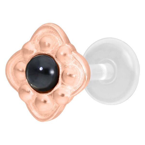 Roségoldenes Push-Fit Labret mit schwarzem Stein auf weißem Hintergrund