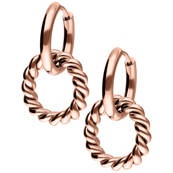 Creole in oro rosa intrecciate su sfondo bianco