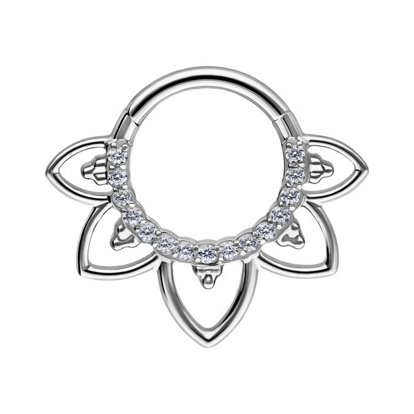 Clicker de septum plateado con diseño de flores y cristales sobre fondo blanco